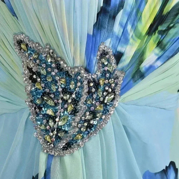 Jovani Gown Blue Green Floral Watercolor Beaded Strapless Chiffon Prom Grad 4 - Picture 5 of 15